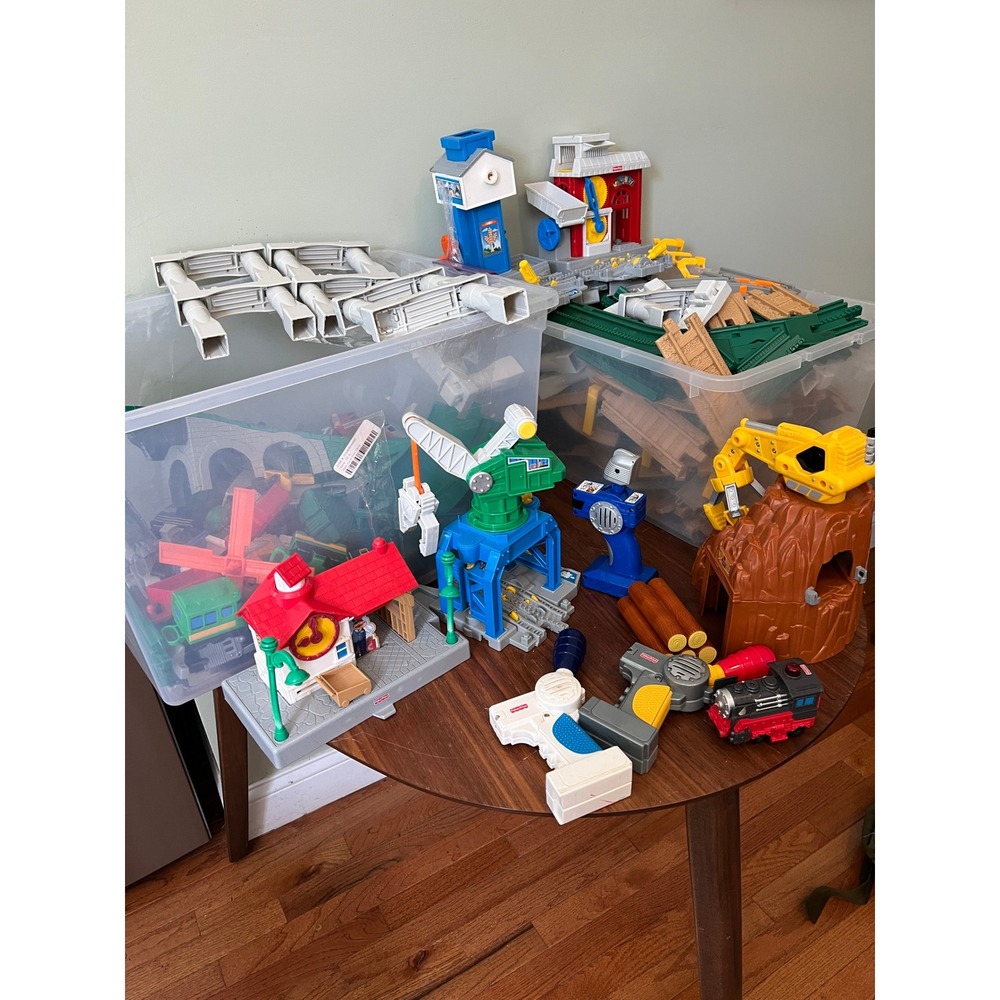 HUGE Fisher Price GeoTrax Rail Road Lot Tracks Trains Buildings Controllers